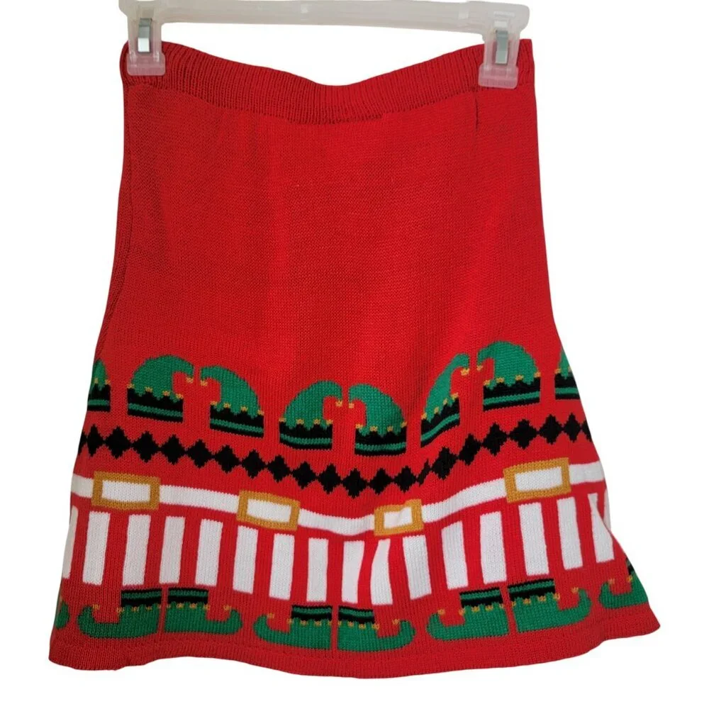With Love Derek Size S Knit Sweater Skirt, Holiday Elf Pattern, Exc. Used Cond.